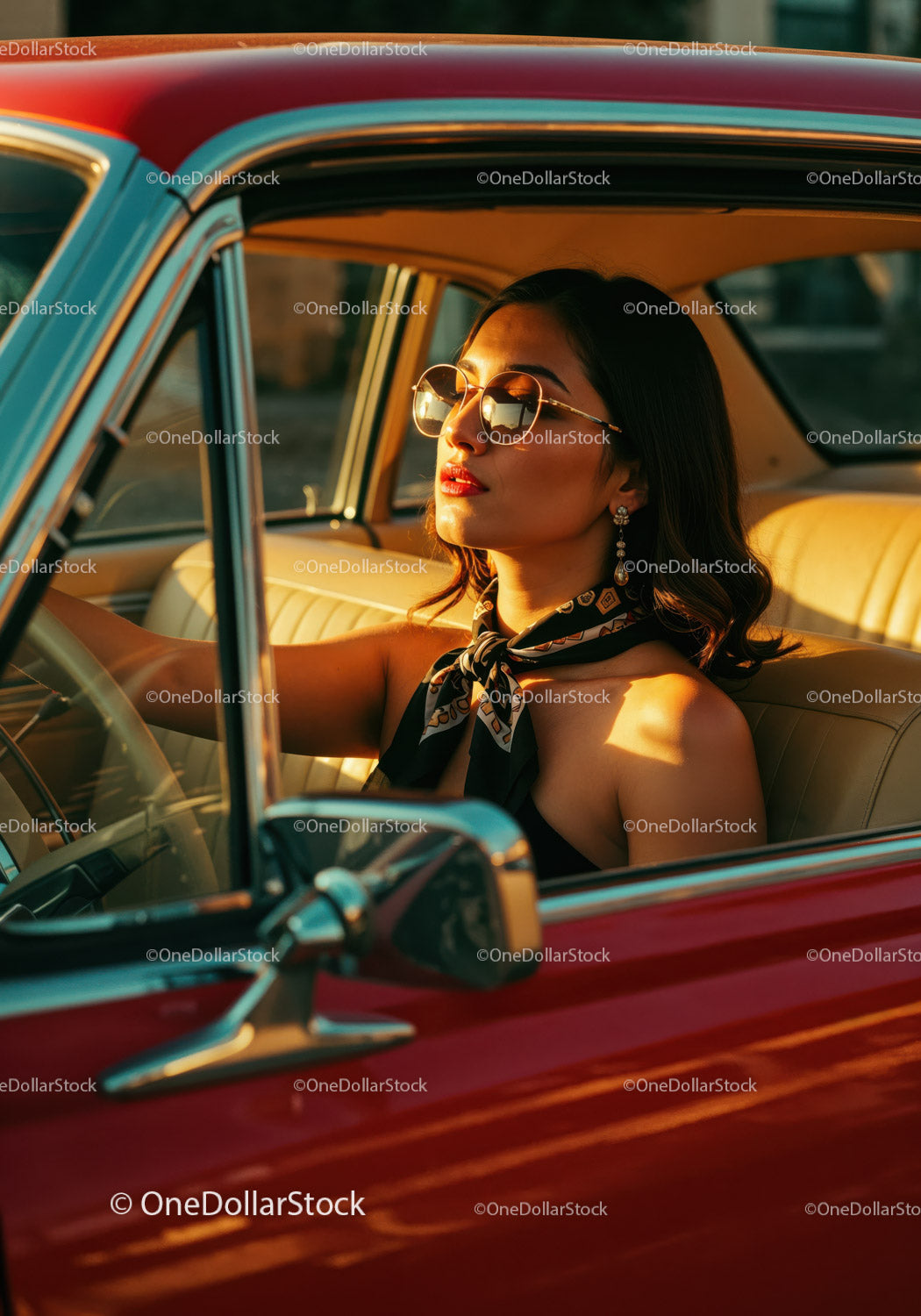 Glamorous Woman in Vintage Car on Sunset Drive