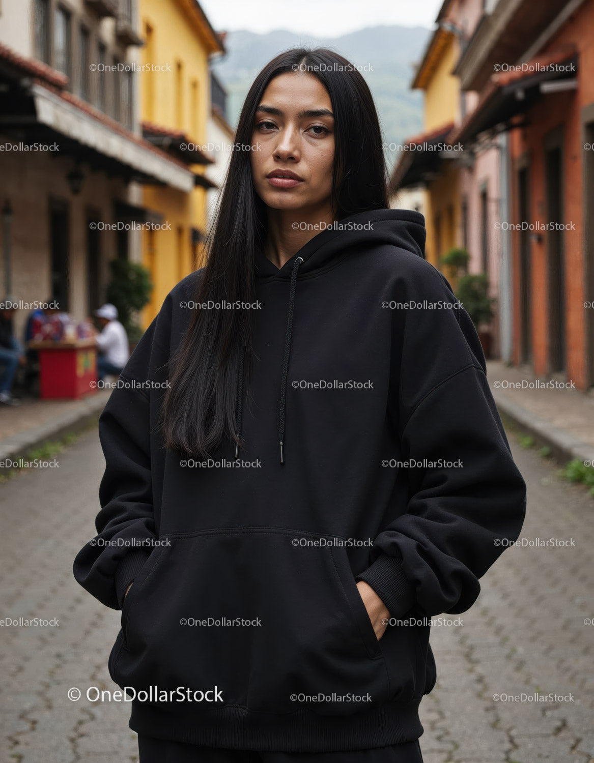 Fashionable Woman Wearing Black Hoodie in Urban City Street