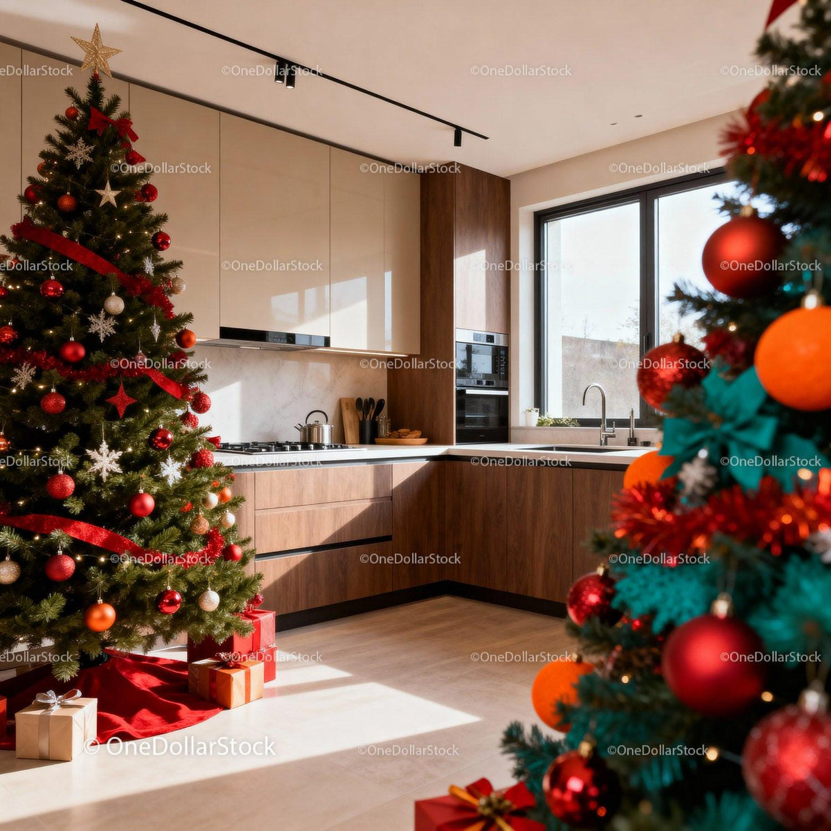 Festive Christmas trees in modern bright kitchen interior
