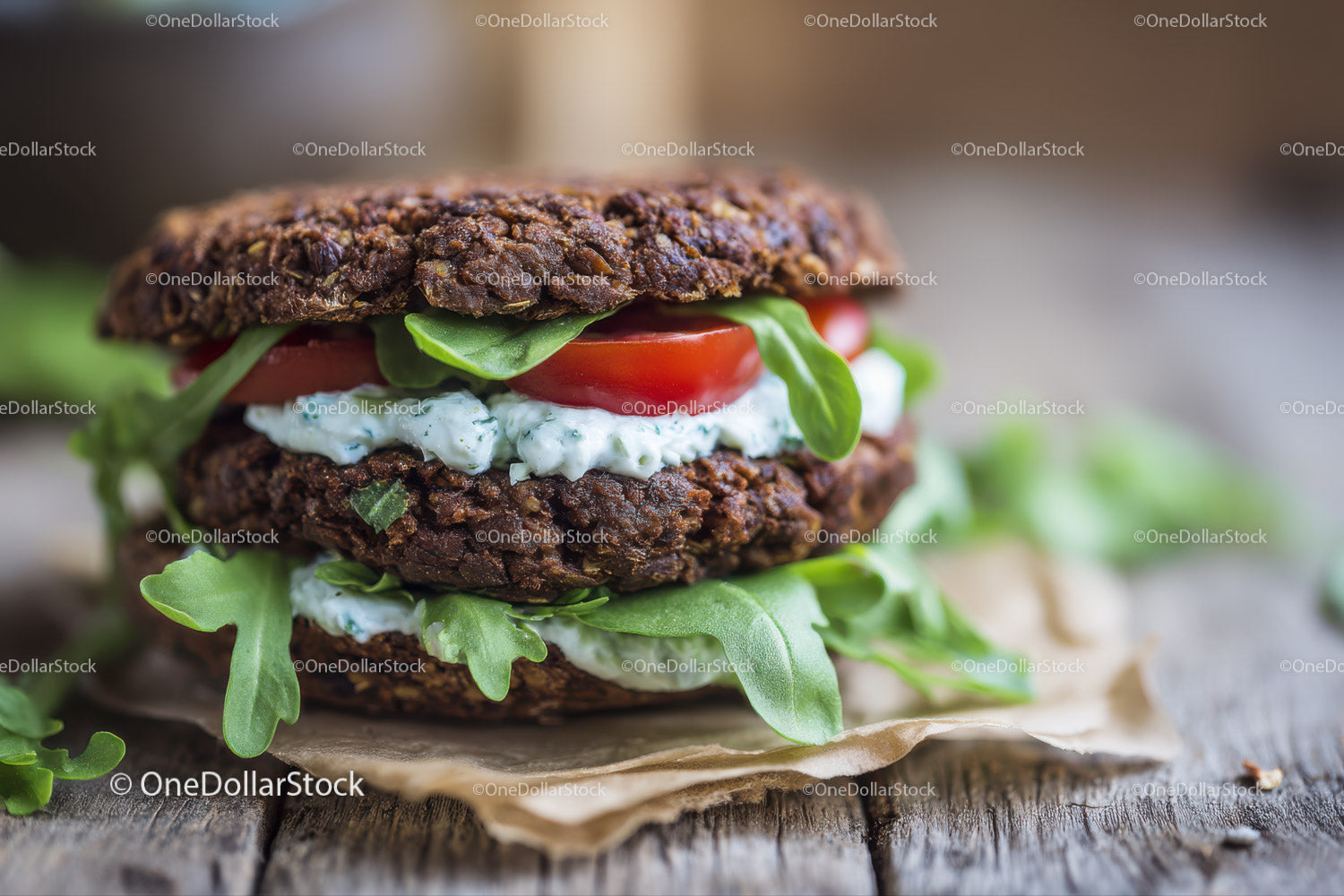 Healthy Vegan Oatmeal Burger with Tomato and Lettuce on Rustic Wood