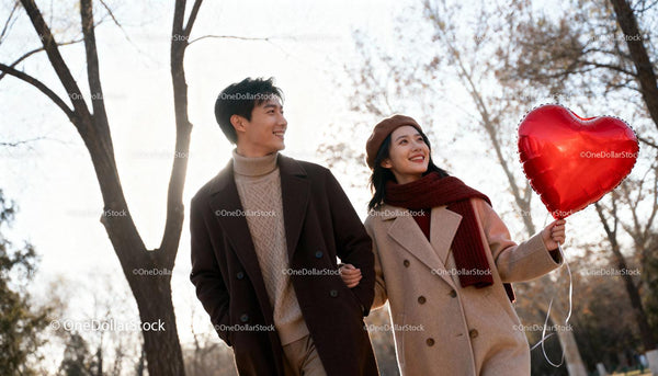 Happy young couple walking with heart balloon outdoors