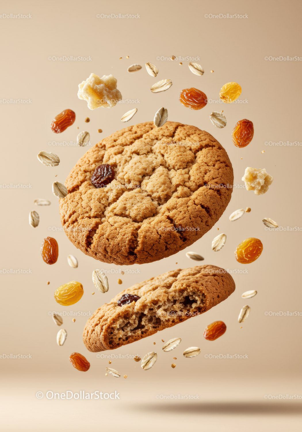 Crispy oat raisin cookie with floating ingredients