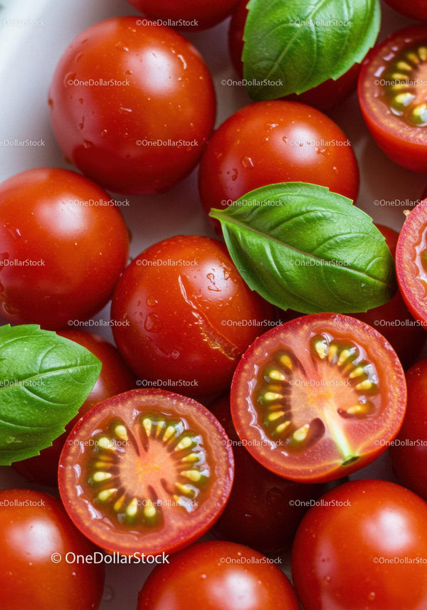 Fresh cherry tomatoes with vibrant basil leaves closeup