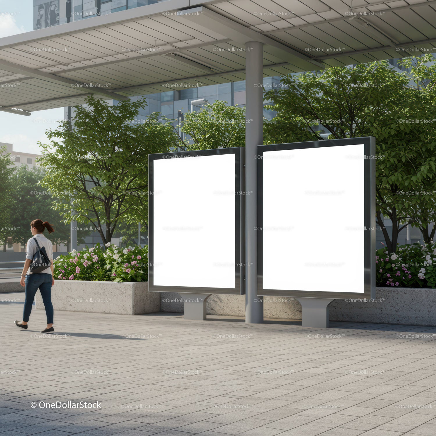 Urban bus stop with blank advertising screens and pedestrian