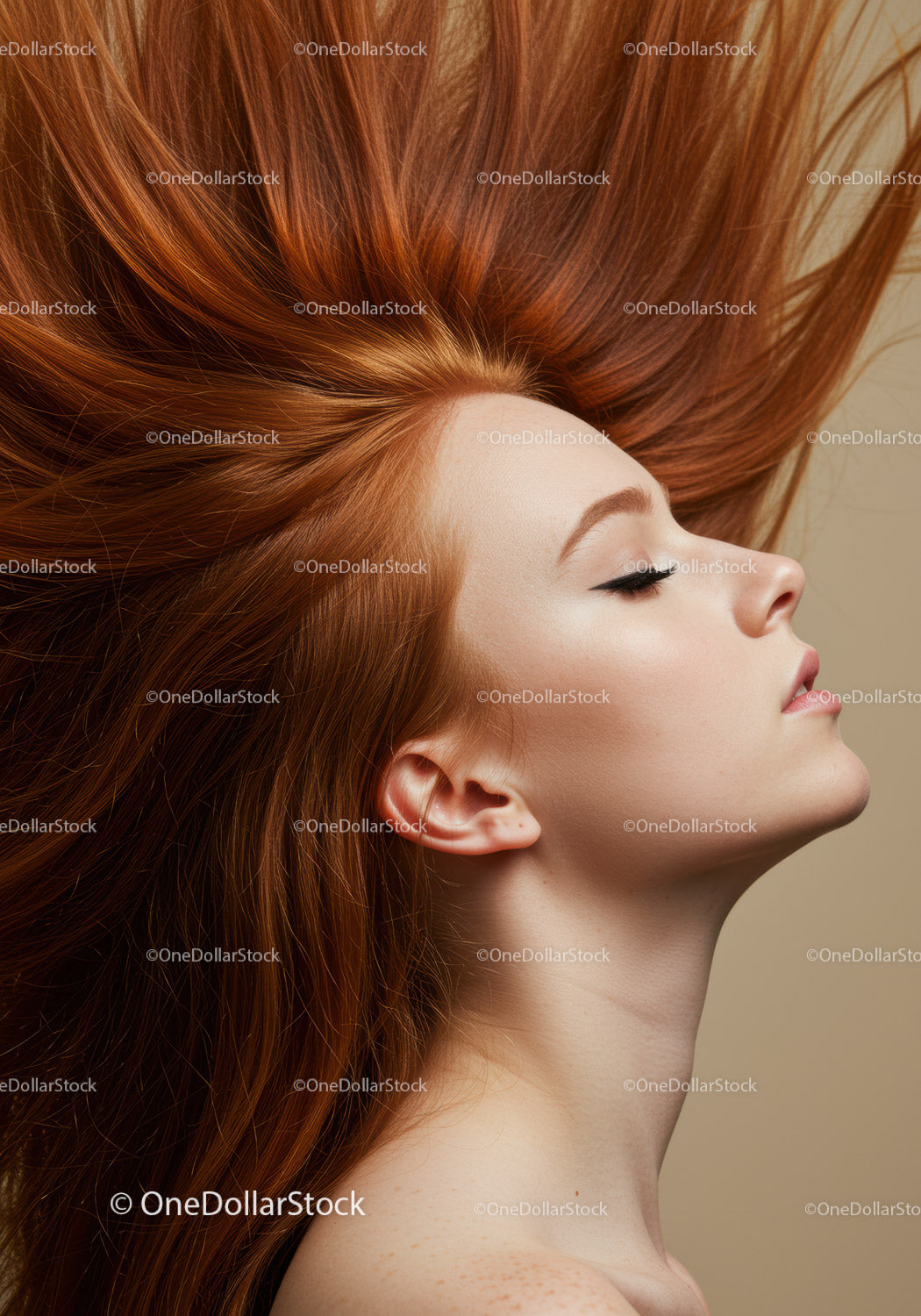 Profile of serene woman with flowing red hair