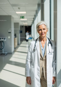Senior Female Doctor Standing Confidently in Hospital Corridor