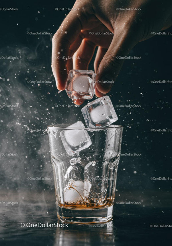Hand Adding Ice Cubes to Whiskey Glass with Splash