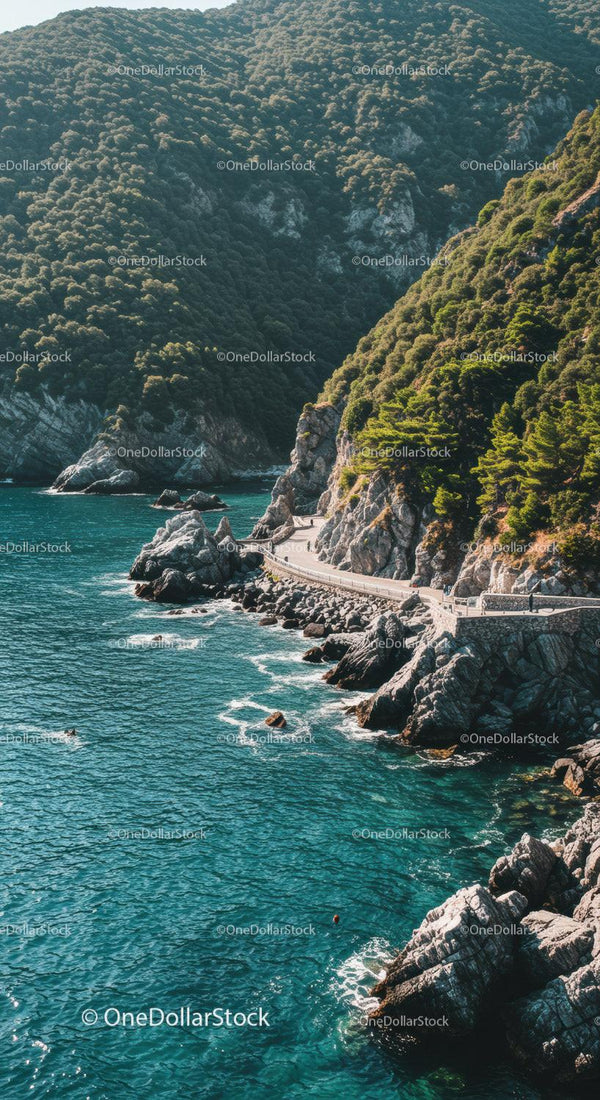 Spectacular Rocky Coastline with Verdant Mountain Cliffs and Turquoise Water