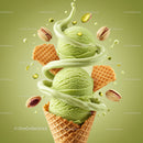 Green Pistachio Ice Cream Scoops with Waffle Cone