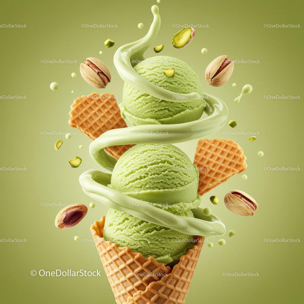 Green Pistachio Ice Cream Scoops with Waffle Cone