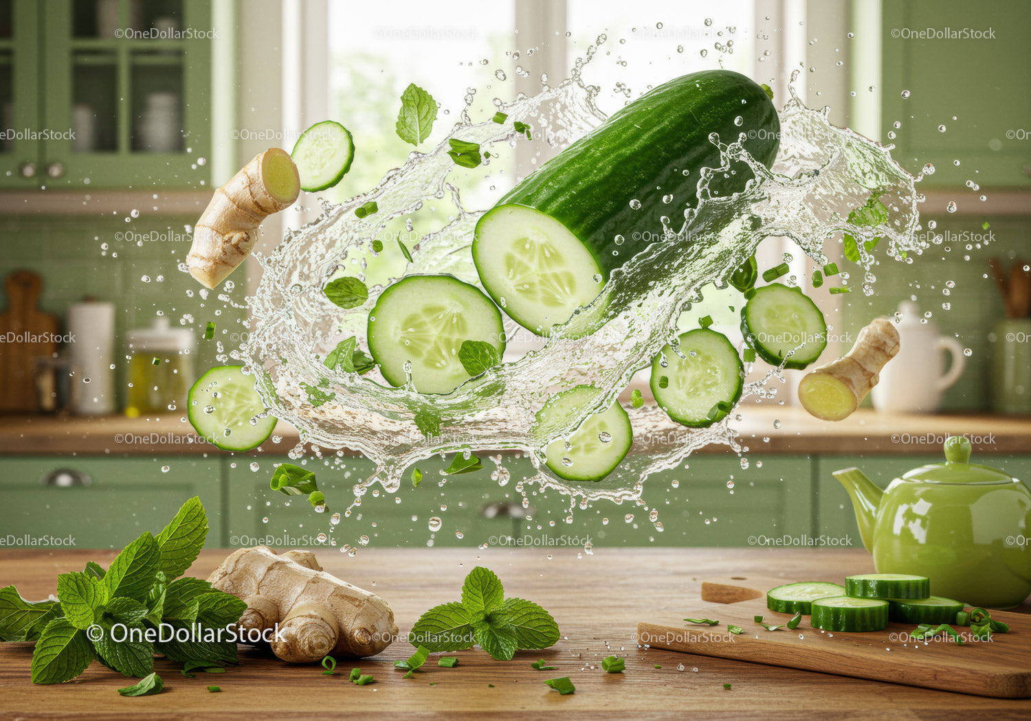 Fresh cucumber and ginger splash with mint in kitchen
