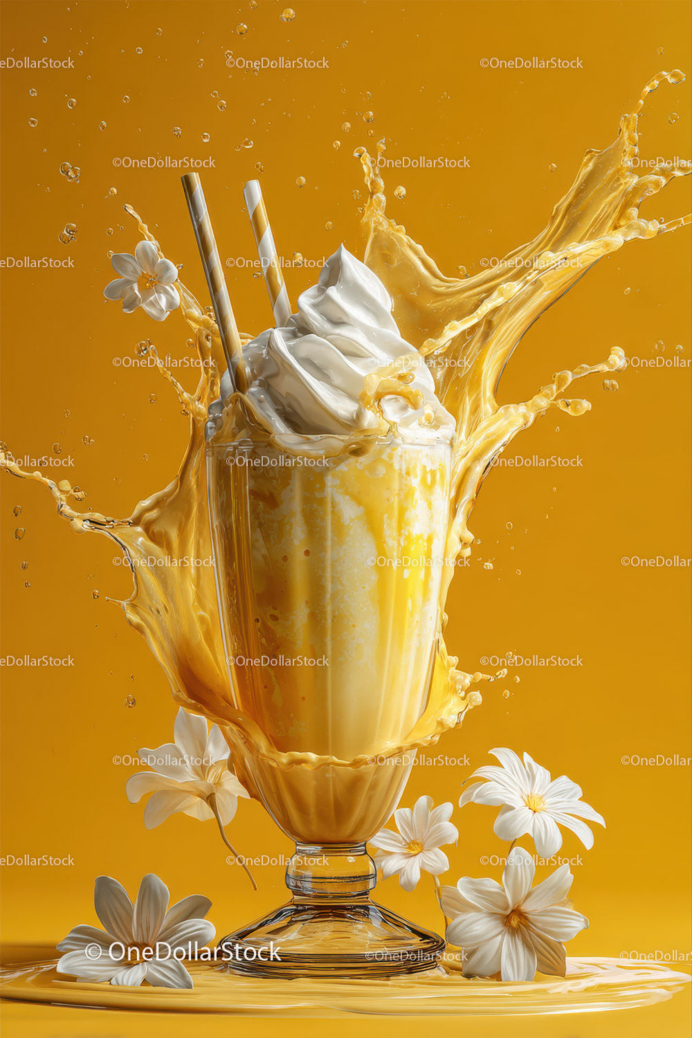 Creamy Milkshake with Splash and White Flowers on Orange Background