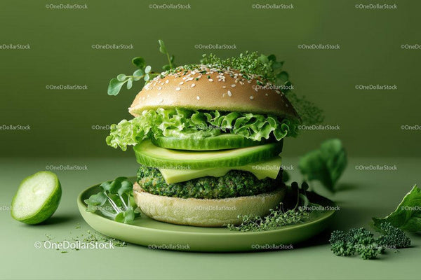 Fresh Vegan Burger with Lettuce Cucumber Broccoli on Green Background