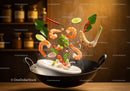 Fresh shrimp and herbs flying into wok pan with steam