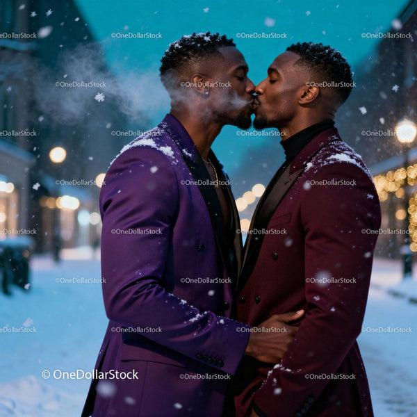 Romantic Winter Kiss Between Two Men in Elegant Suits