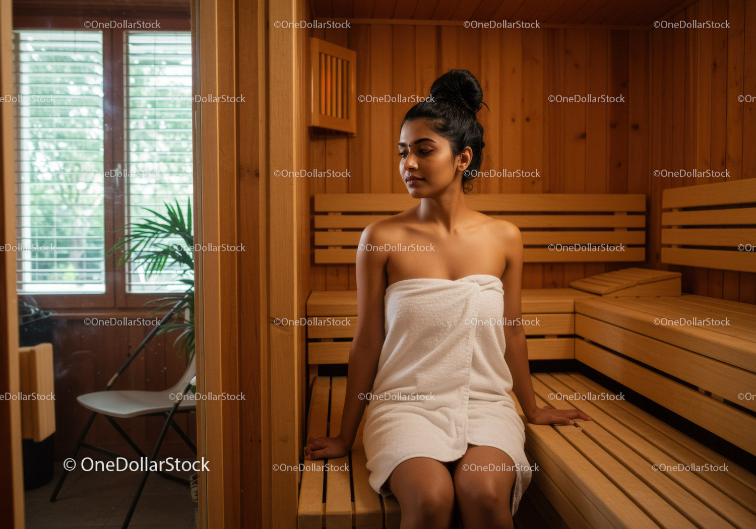 Kobieta siedząca w drewnianym pokoju relaksacyjnym sauny w spa