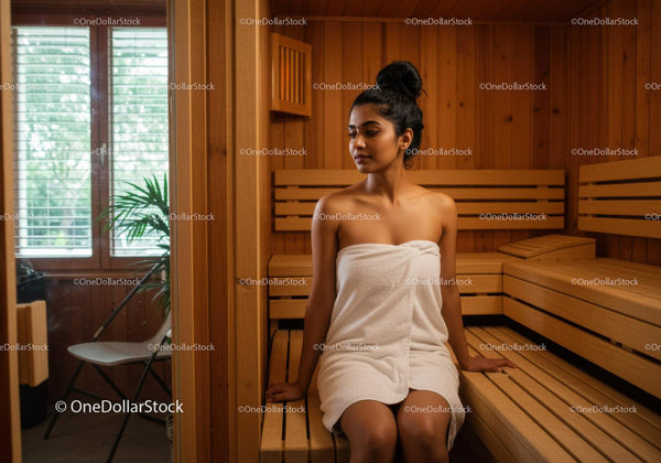 Kobieta siedząca w drewnianej saunie w pokoju relaksacyjnym spa