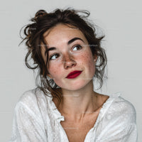 Freckled Woman with Red Lipstick and Wavy Hair in Portrait
