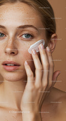 Close-up of a Woman with Freckled Skin Cleansing with Cotton Pad