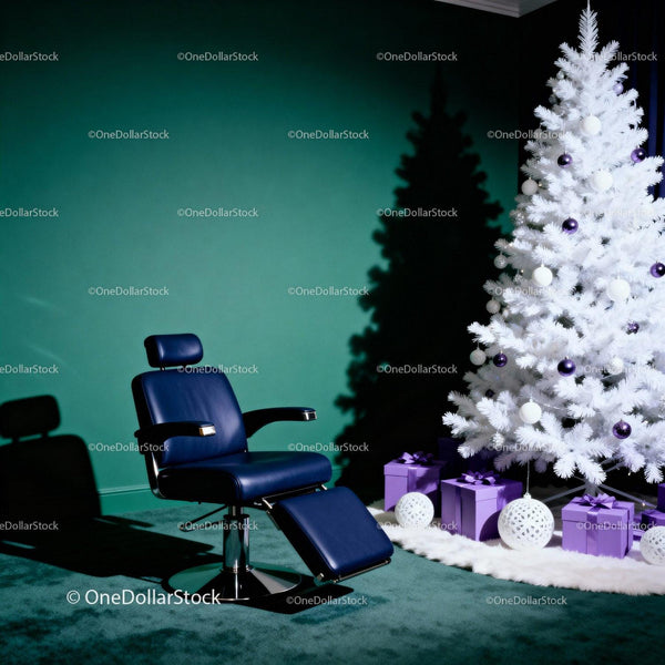 Modern Barber Chair Next to White Christmas Tree Decor