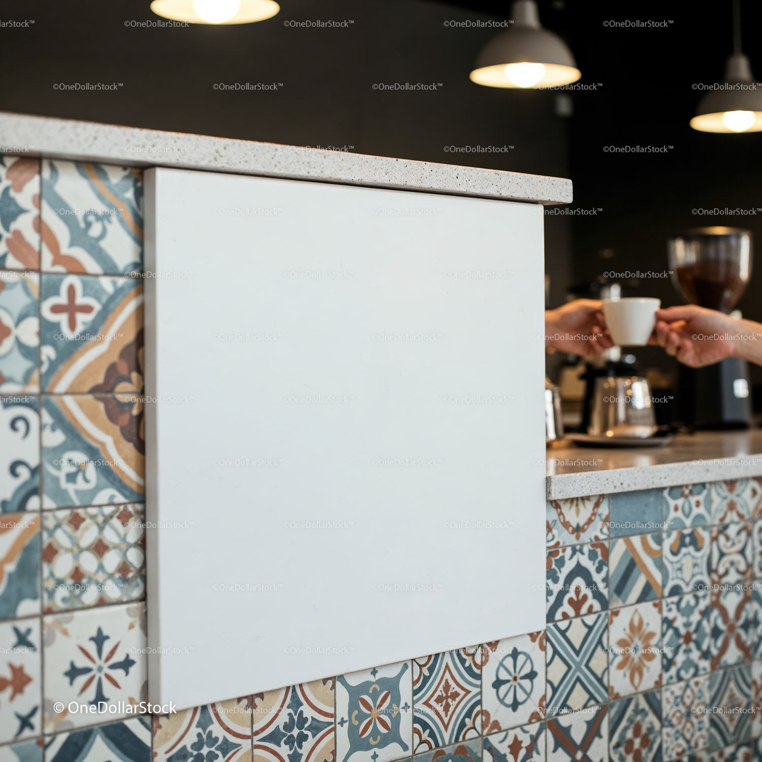 Barista handing coffee cup over colorful tiled counter