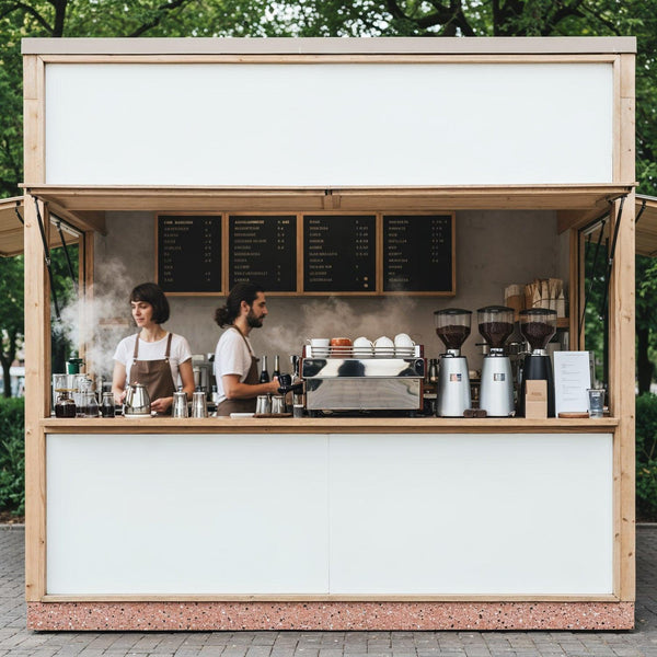 Baristas Preparing Coffee at Minimalist Outdoor Kiosk JPG Mockup Image
