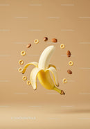 Peeled banana surrounded by nuts and cereal loops