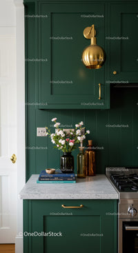 Stylish Green Kitchen with Gold Accents and Floral Decor
