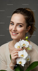 Young Woman Holding Beautiful White Orchid Flowers for Elegant Portrait