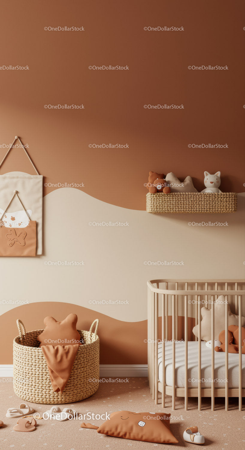 Stylish Modern Baby Nursery with Wicker Basket and Plush Toys
