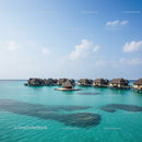Overwater Bungalows on Tropical Ocean with Clear Blue Sky