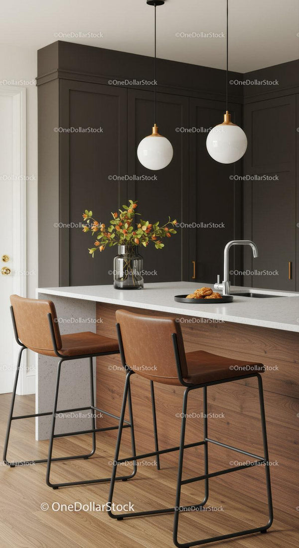 Contemporary Kitchen Interior with Wooden Bar Chairs and Pendant Lights