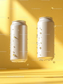 Two Aluminum Soda Cans with Bubbles on Bright Yellow Background