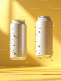 Two Aluminum Soda Cans with Bubbles on Bright Yellow Background