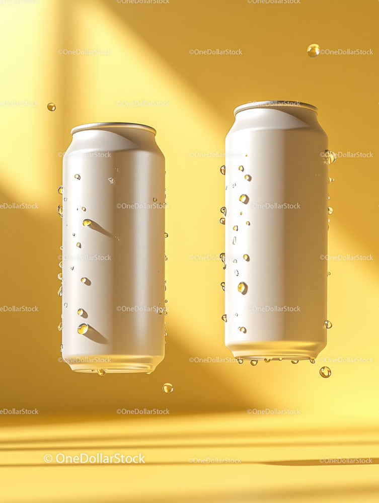 Two Aluminum Soda Cans with Bubbles on Bright Yellow Background