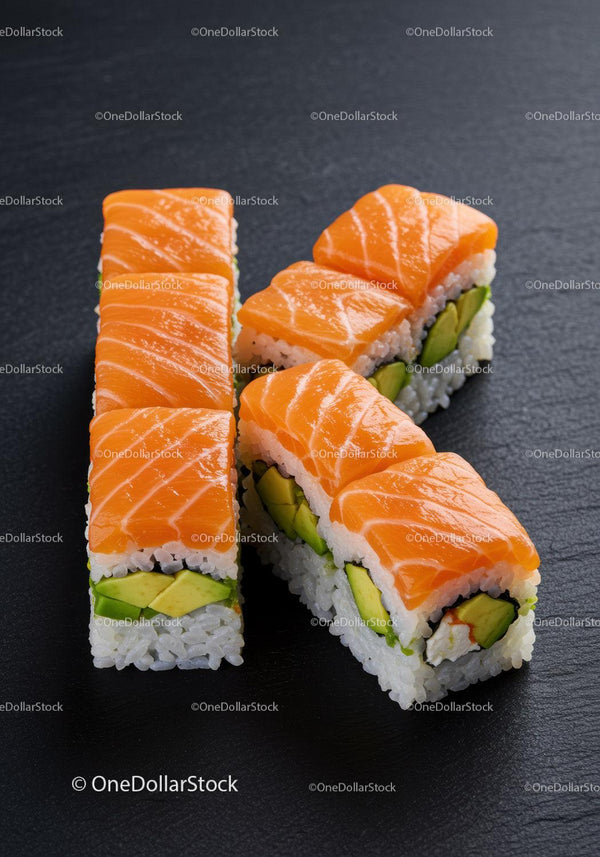 Fresh salmon avocado sushi rolls on black slate