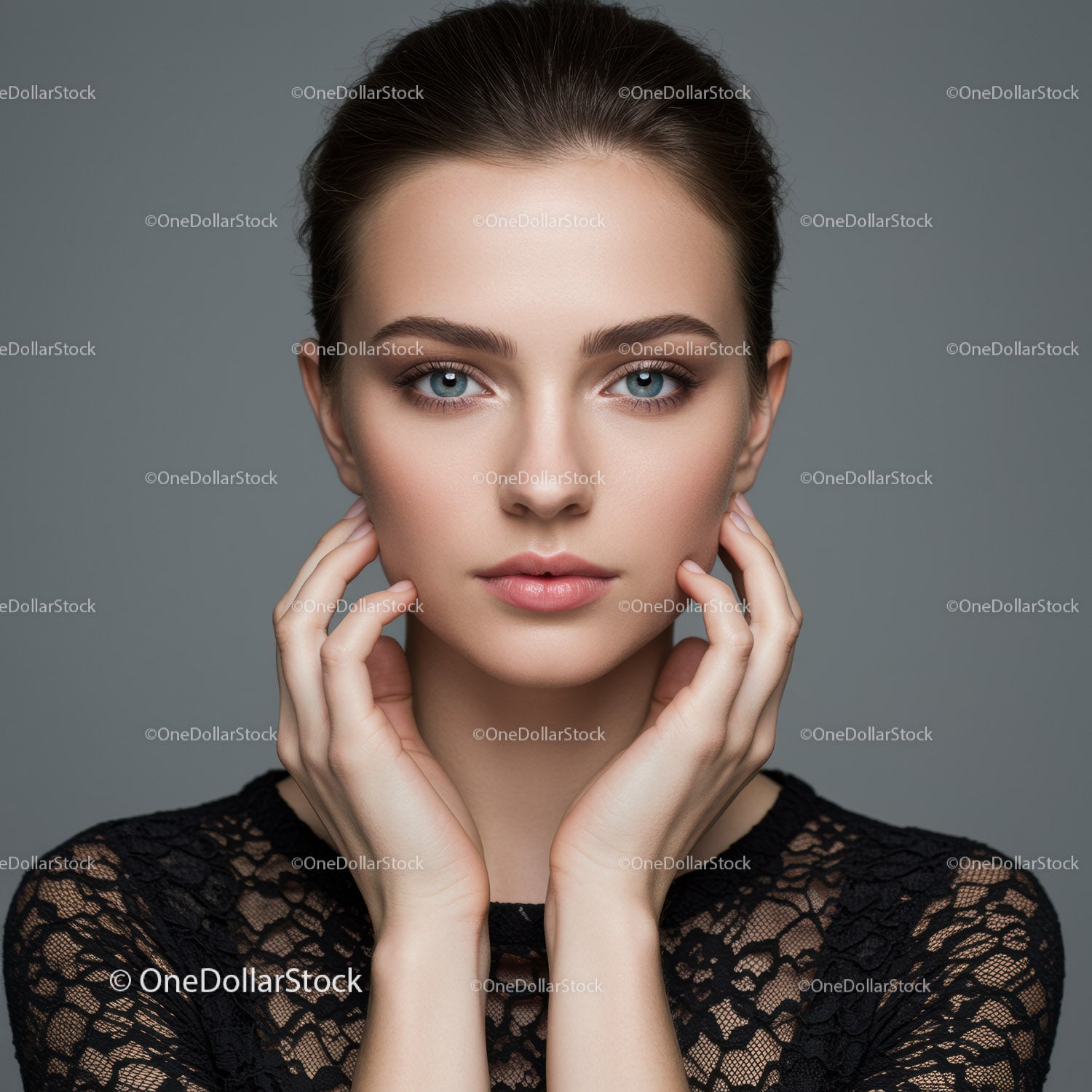 Elegant Female Portrait with Blue Eyes and Clear Skin in Studio