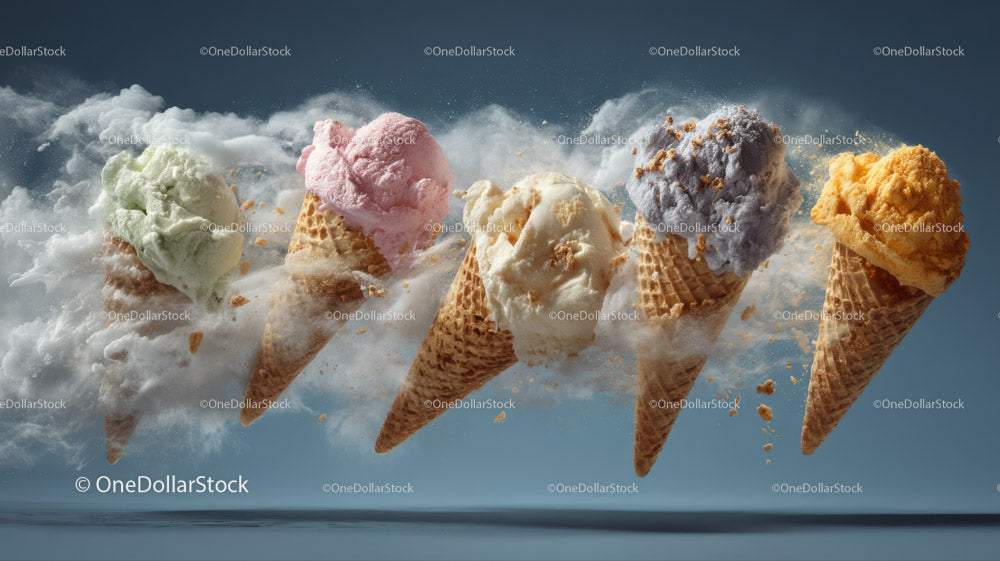 Colorful Ice Cream Cones with Scoops Floating in the Sky
