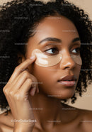 Close-up of a woman applying under-eye gel patches in skincare regimen