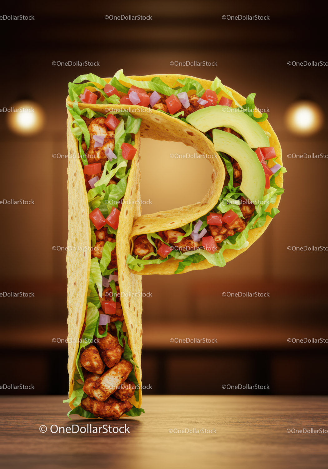 Taco shaped like letter P filled with fresh ingredients