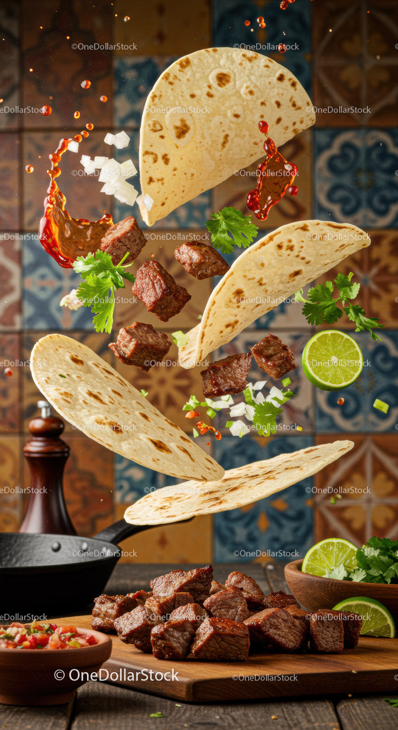 Składniki na tacos z wołowiną, świeżą limonką i kolendrą