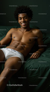 Smiling young man relaxing on dark green bed sheets