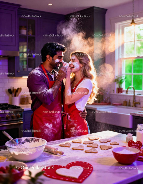Couple Playfully Baking Heart Shaped Cookies Together