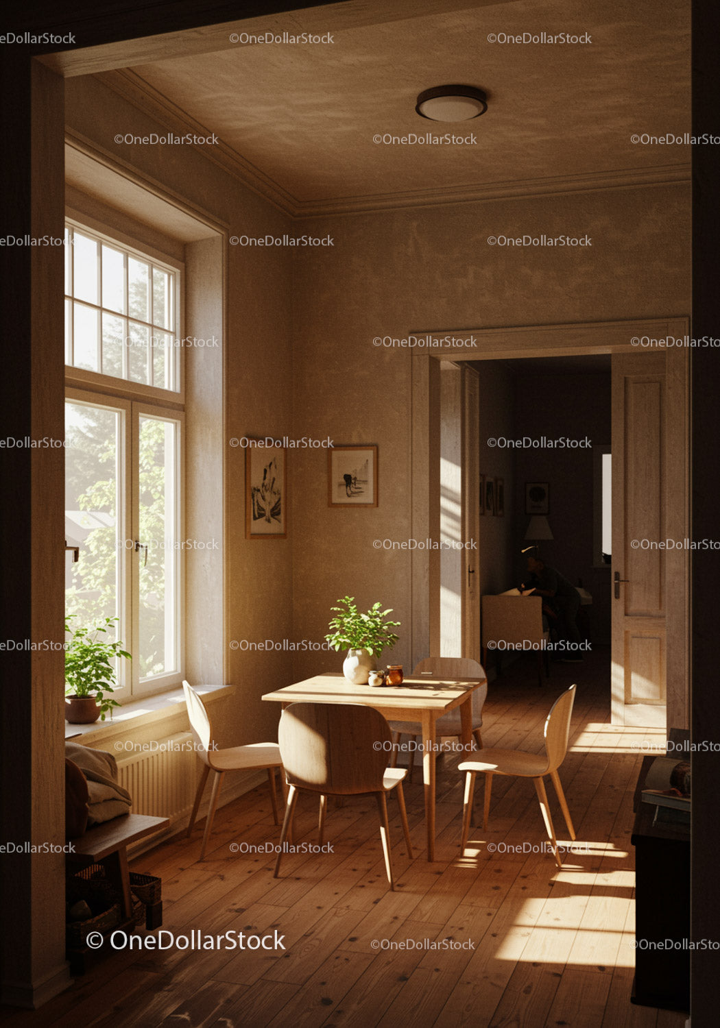 Cozy corner with sunlit dining area and greenery