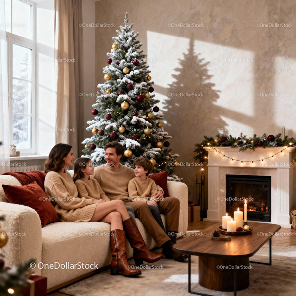 Cozy family enjoying Christmas by decorated tree and fireplace