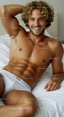 Smiling muscular man relaxing on bed in white underwear