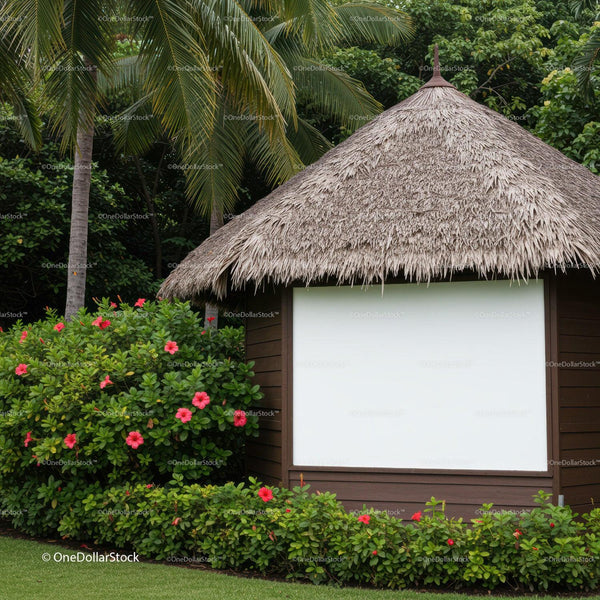 Tropical hut with blank signboard surrounded by flowers JPG Mockup Image