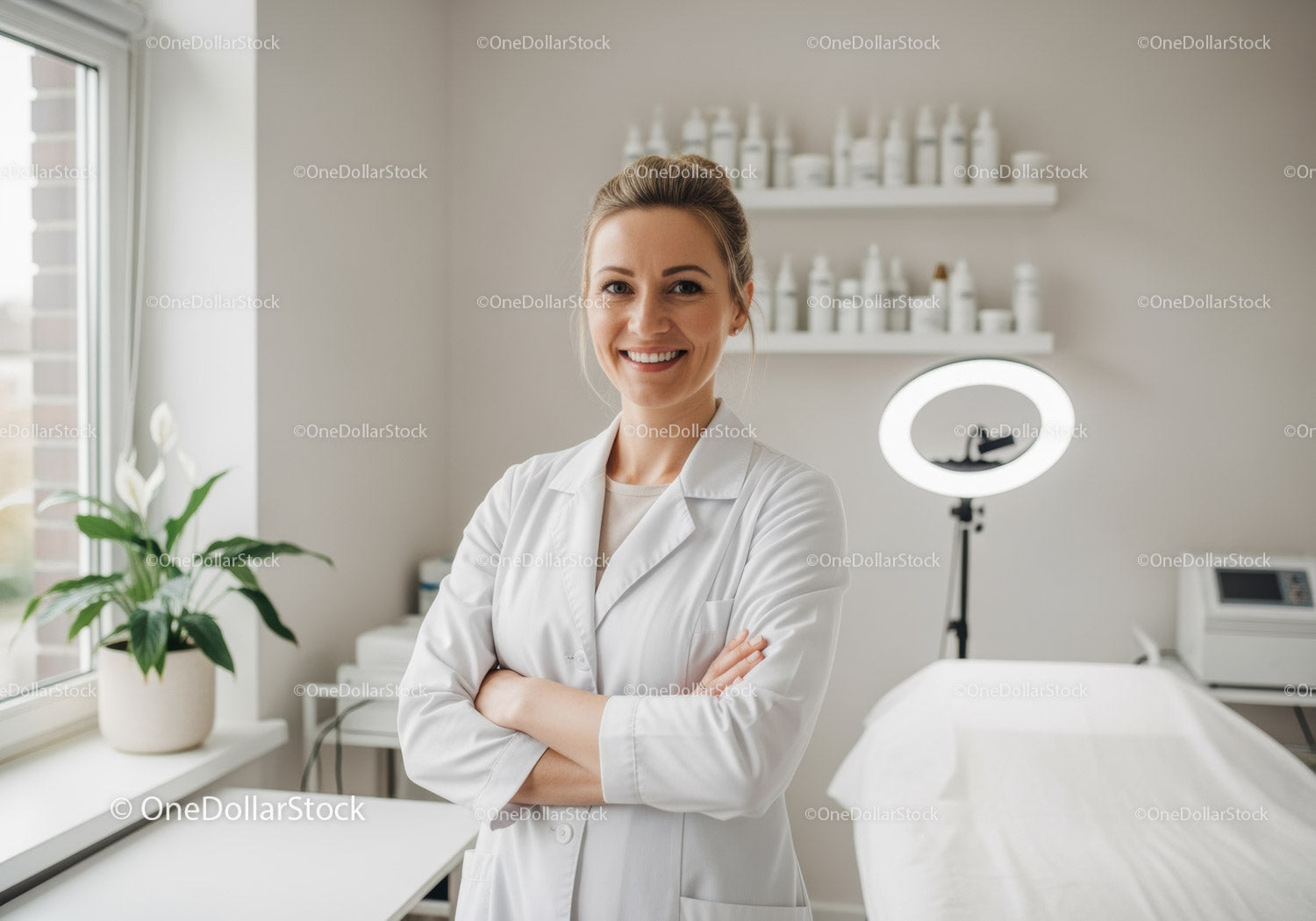 Uśmiechnięta pracownica służby zdrowia w nowoczesnej klinice medycznej