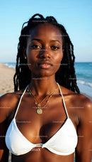 Elegant Woman with Dreadlocks in White Bikini at Sunny Beach