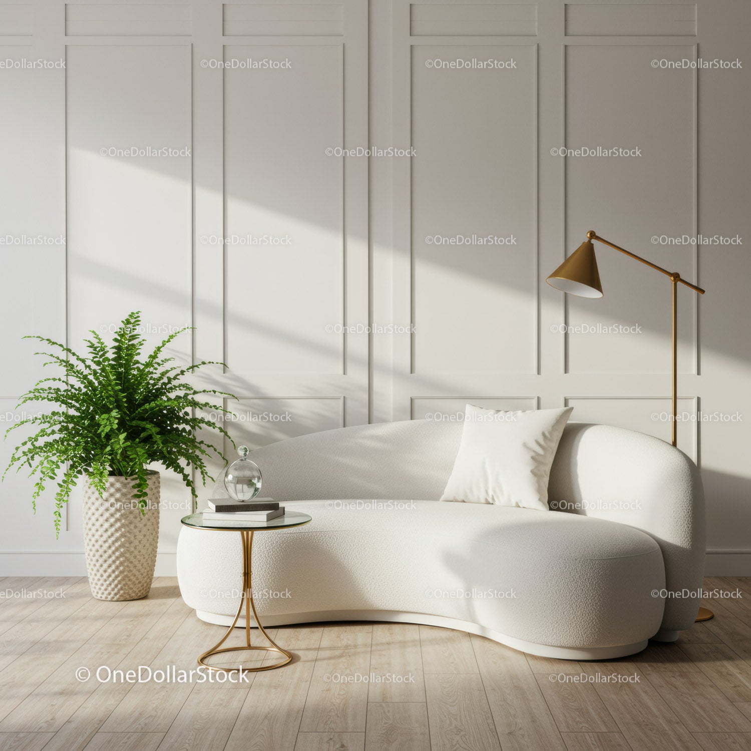 Modern Curved Sofa with Green Plant in Bright Living Room